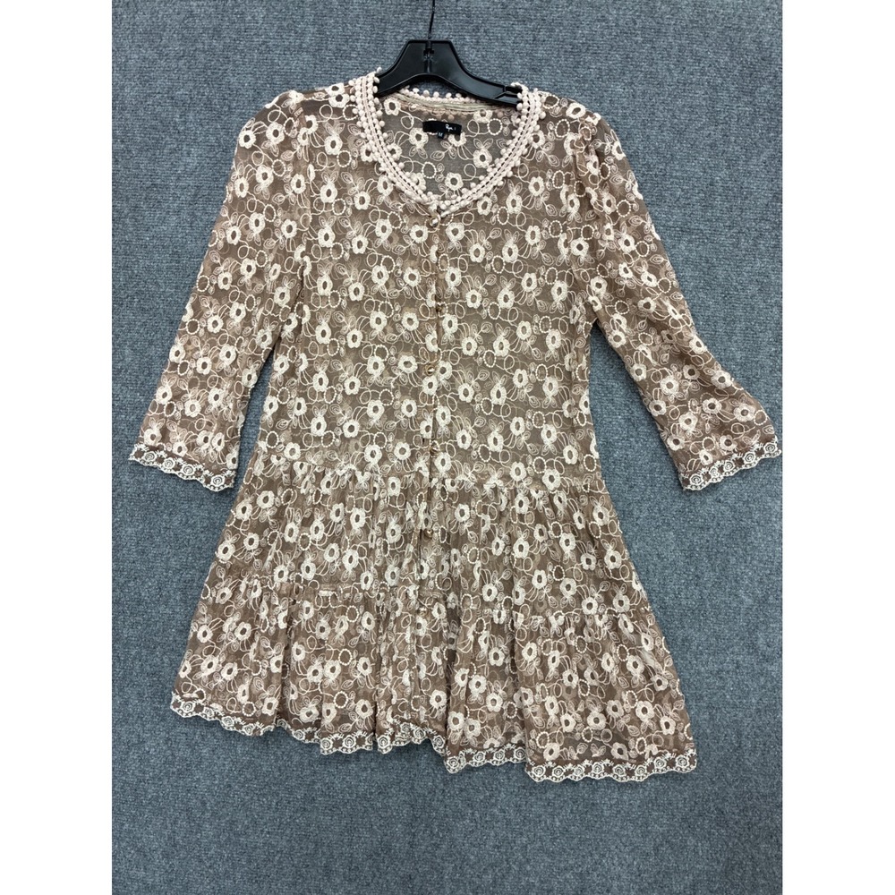 Ryu Floral Lace Tiered Cardigan Top Tan Cream Boho Romantic Medium